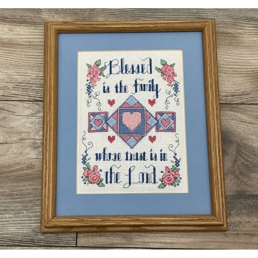 Blessed Is The Family Who Trust In The Lord Cross Stitch Framed Vintage Art